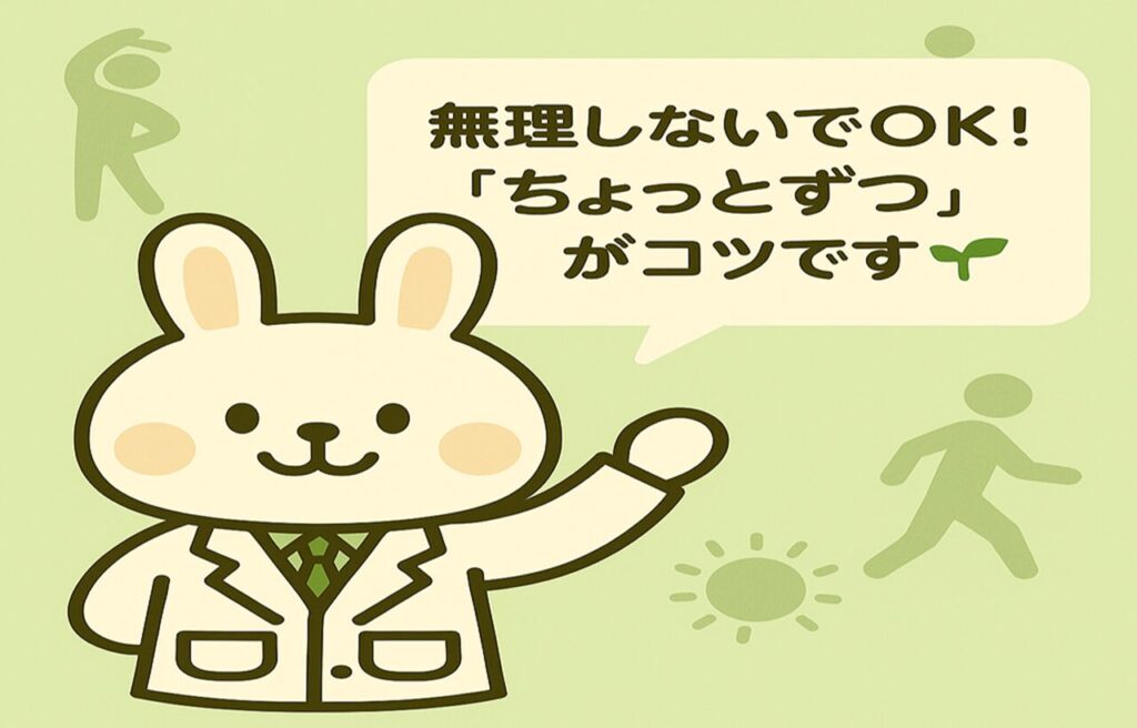 白衣を着たうさぎのキャラクター「みどりん」が笑顔で立っているイラスト。背景は穏やかな緑色で、散歩やストレッチを連想させるシルエットが描かれている。吹き出しには「無理しないでOK！『ちょっとずつ』がコツです🌱」というメッセージが添えられており、やさしく健康習慣の継続を呼びかけている。